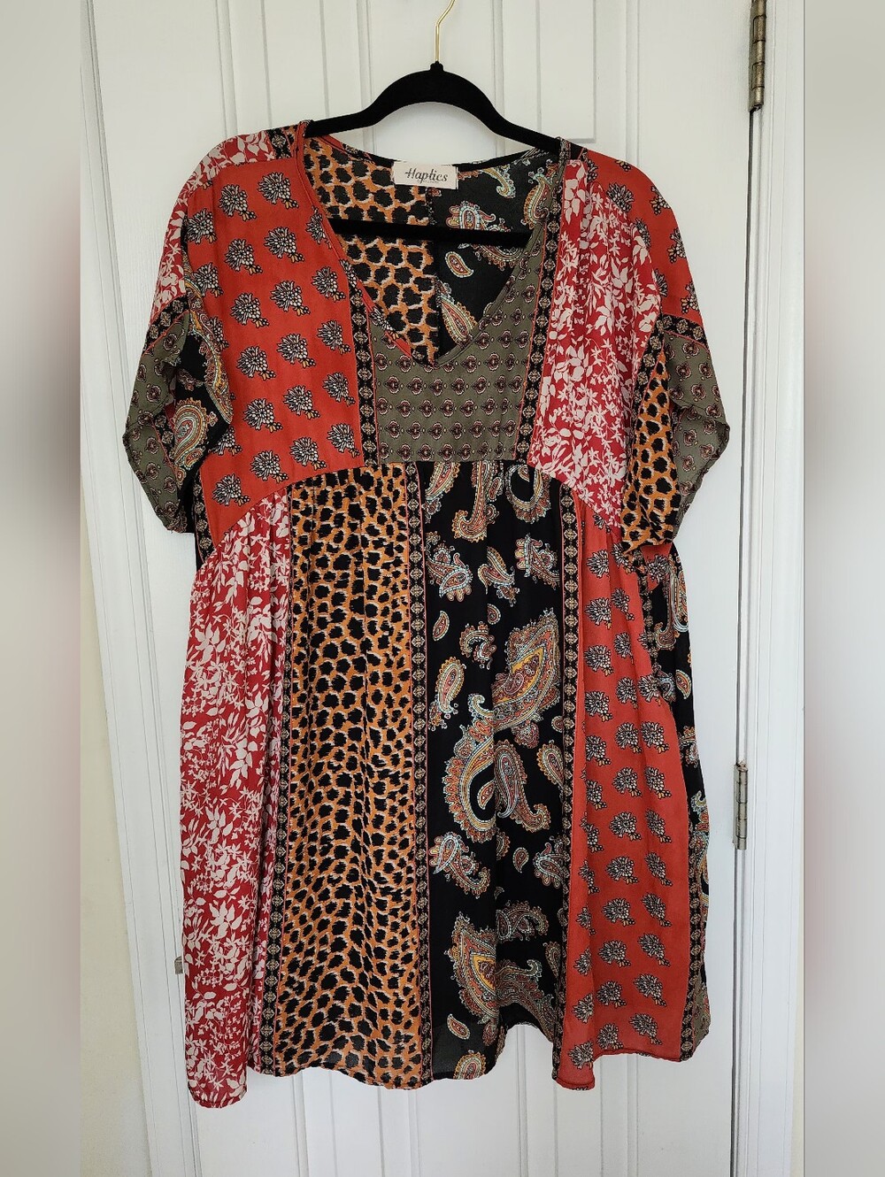 Haptics Patchwork Paisley & Leopard Print Tunic Dress - Red, Black, Olive